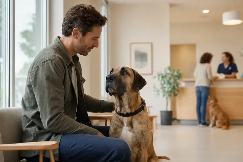 Kanarische Dogge sitzt ruhig neben ihrem Besitzer im hellen Wartezimmer einer modernen Tierarztpraxis.